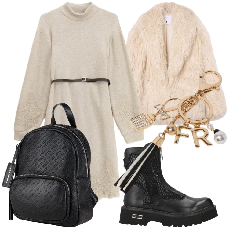 Outfit donna - Sofficiosa. Stile Trendy per Tutti i giorni. Abbinamento con zaini, stivaletti, ecopellicce, vestiti corti, portachiavi.