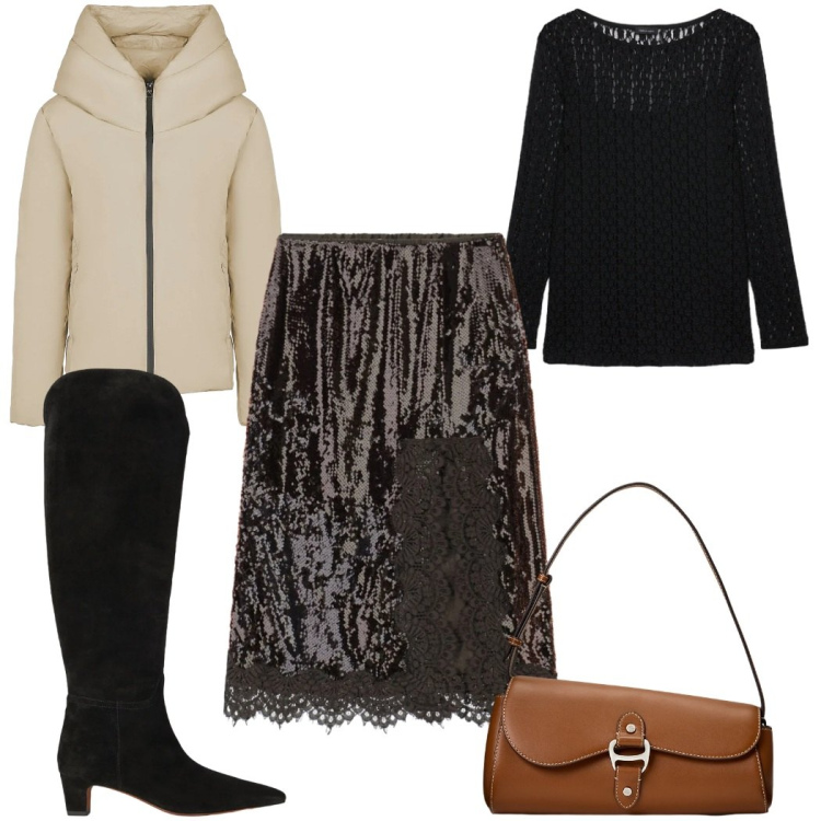 Outfit donna - Total look #2308669. Stile Trendy per Tutti i giorni. Abbinamento con gonne longuette, blazer, borse a spalla, stivali, t-shirt.