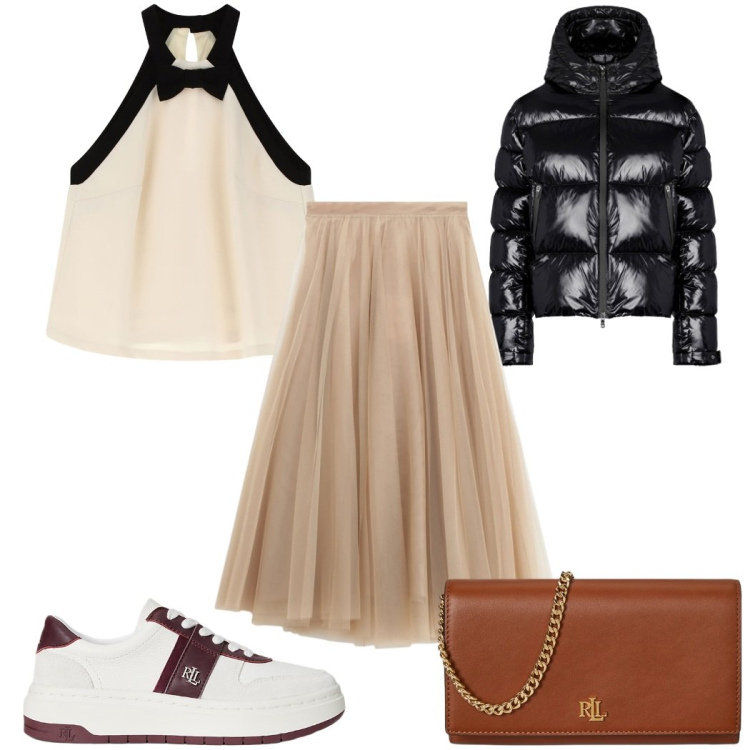 Outfit donna - Total look #2308670. Stile Sporty chic per Tutti i giorni. Abbinamento con gonne lunghe, top, piumini, sneakers, borse a tracolla.