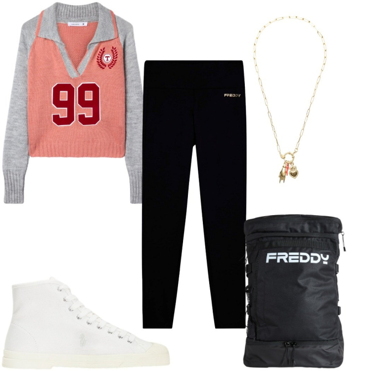 Outfit donna - Total look #2308672. Stile Urban per Tutti i giorni. Abbinamento con maglieria, ciondoli, zaini, leggings, sneakers alte.