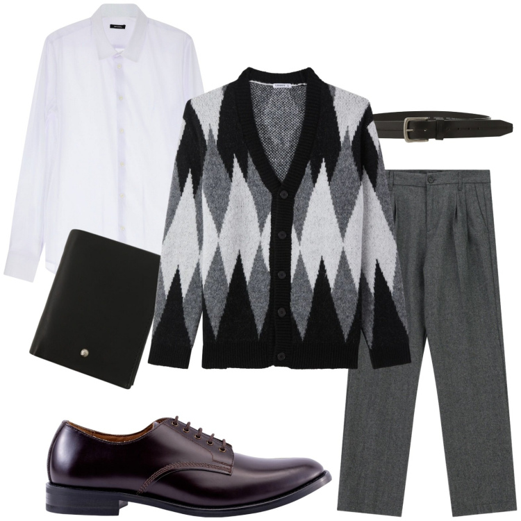 Outfit uomo - Il ritorno del cardigan maschile. Stile Casual per Ufficio. Abbinamento con cardigans, camicie, portafogli, cinture, pantaloni, scarpe stringate.
