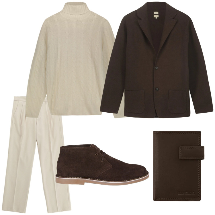 Outfit uomo - Outfit da vigilia. Stile Casual per Serata speciale. Abbinamento con pantaloni, portafogli, maglieria, stivali e stivaletti, giacche.