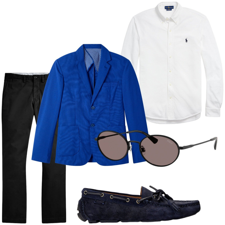 Outfit uomo - Ultimo brindisi dell’anno. Stile Casual per Serata speciale. Abbinamento con giacche, scarpe stringate, camicie, occhiali da sole, pantaloni.