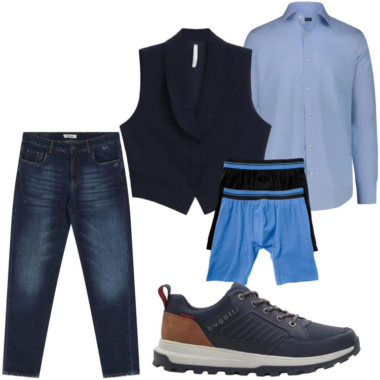 Outfit uomo - L\'immancabile camicia azzurra. Stile Trendy per Tutti i giorni. Abbinamento con sneakers, boxer, jeans dritti, gilet, camicie.