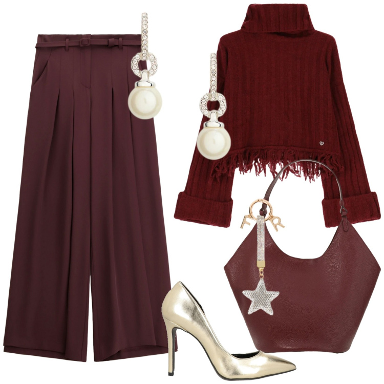Outfit donna - Natale con i tuoi. Stile Casual chic per Serata fuori. Abbinamento con décolleté, maglieria, pantaloni a palazzo, borse a spalla, orecchini, portachiavi.