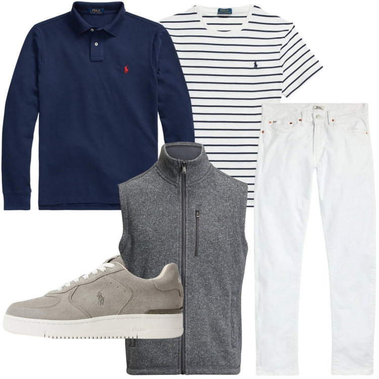 Outfit uomo - Moda essenziale. Stile Casual per Tutti i giorni. Abbinamento con jeans, polo, t-shirt, sneakers, gilet.