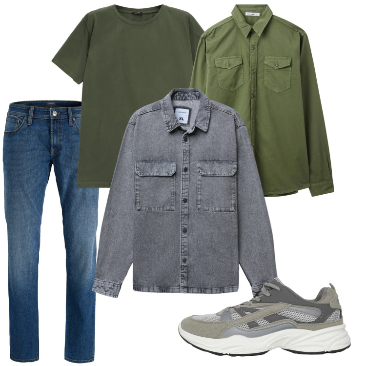 Outfit uomo - Forme rilassate. Stile Trendy per Ufficio. Abbinamento con jeans, camicie, sneakers, cappotti, t-shirt.