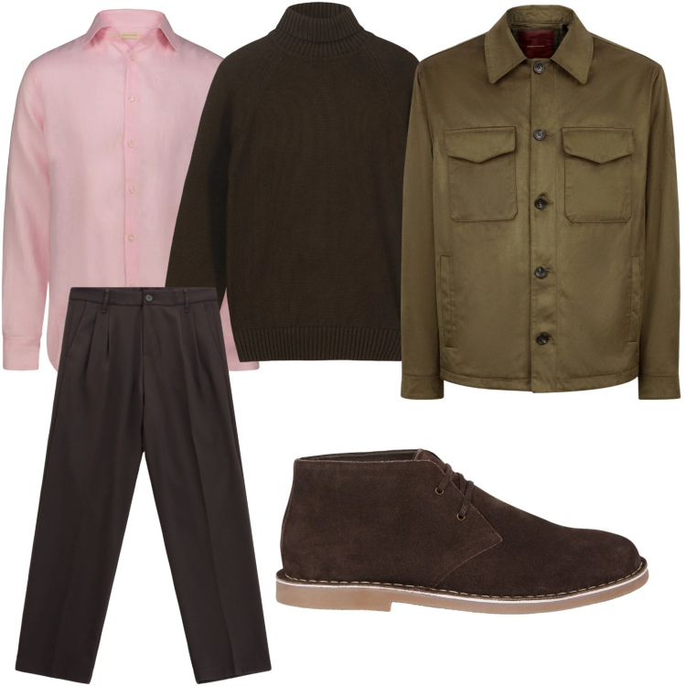 Outfit uomo - Linee morbide. Stile Trendy per Ufficio. Abbinamento con pantaloni, giacche, camicie, stivali e stivaletti, pullovers.