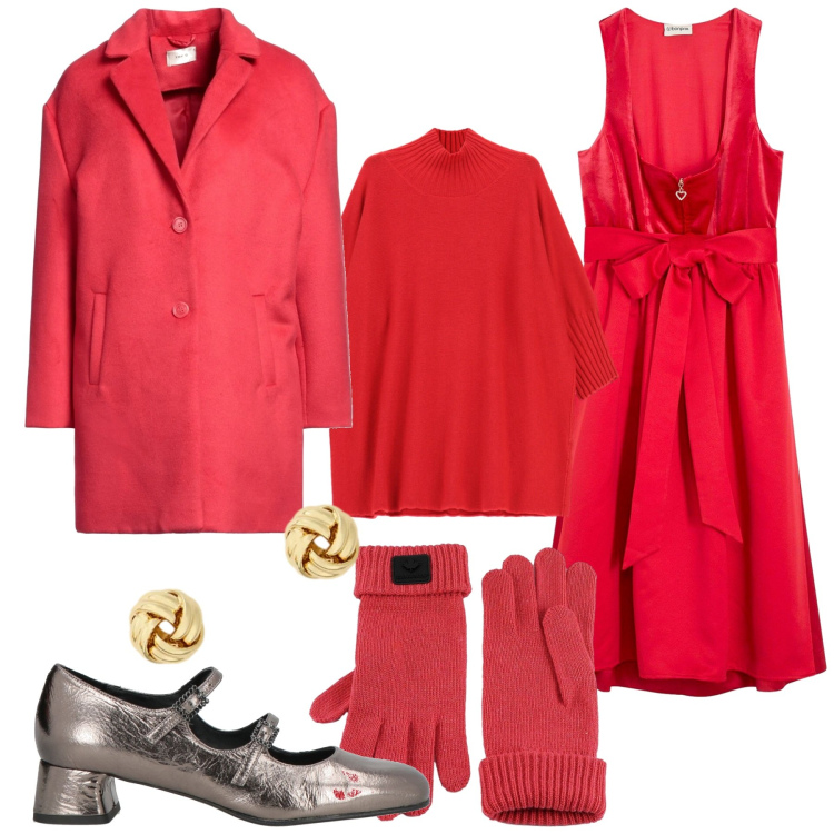 Outfit donna - Buon Natale glamour. Stile Glamour per Serata fuori. Abbinamento con vestiti midi/longuette, cappotti, décolleté, maglieria, guanti, orecchini.