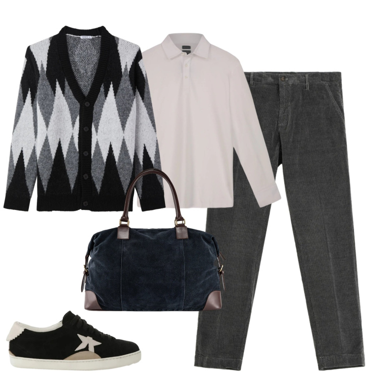 Outfit uomo - Il cardigan maschile. Stile Urban per Tutti i giorni. Abbinamento con cardigans, pantaloni chino, sneakers, polo, borse sportive.