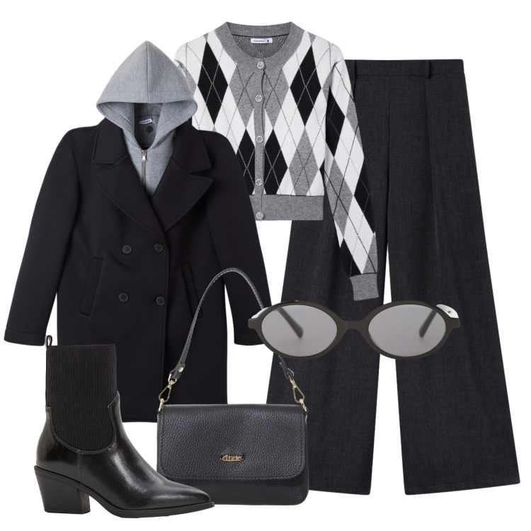 Outfit donna - New black look. Stile Urban per Tutti i giorni. Abbinamento con stivaletti texani, cardigans, pantaloni, cappotti, occhiali da sole, borse a tracolla.
