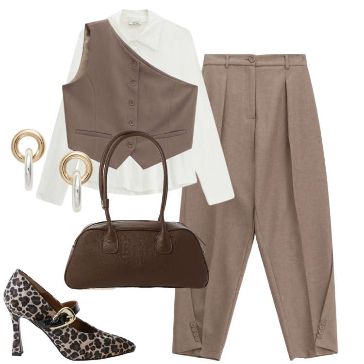 Outfit donna - City. Stile Urban per Tutti i giorni. Abbinamento con gilet, pantaloni, décolleté, borse a mano, camicie, orecchini.