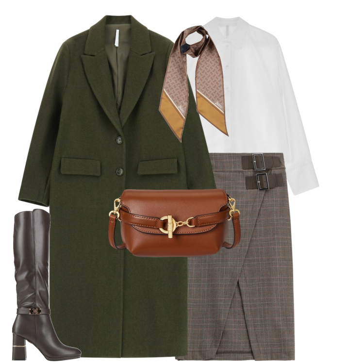 Outfit donna - City. Stile Urban per Tutti i giorni. Abbinamento con sciarpe, stivali, camicie, cappotti, gonne longuette, borse a tracolla.