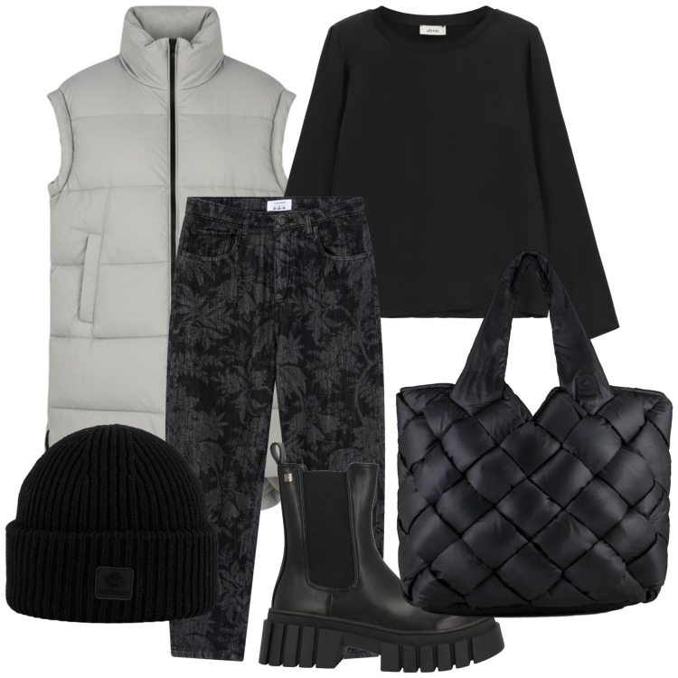 Outfit donna - Passeggiata natalizia. Stile Casual chic per Tutti i giorni. Abbinamento con stivaletti, jeans, top, borse tote, berretti, piumini.