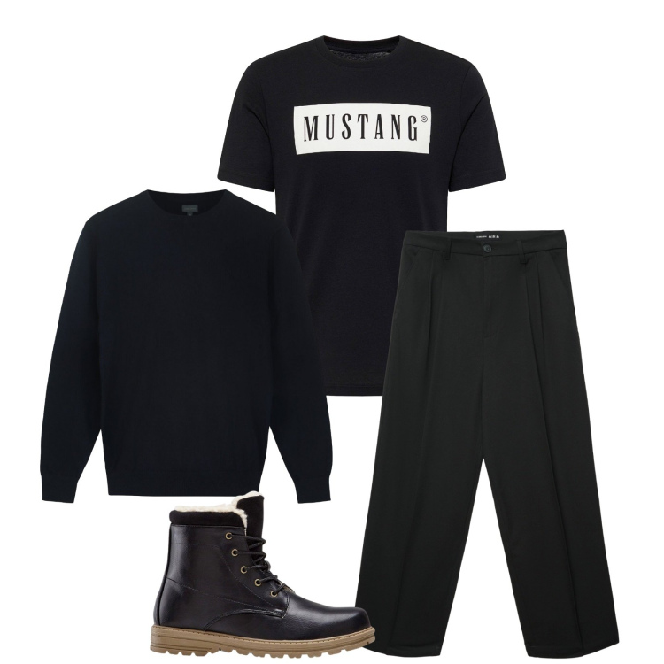 Outfit uomo - Total look #2308739. Stile Trendy per Serata speciale. Abbinamento con stivali e stivaletti, t-shirt, pantaloni, maglieria.