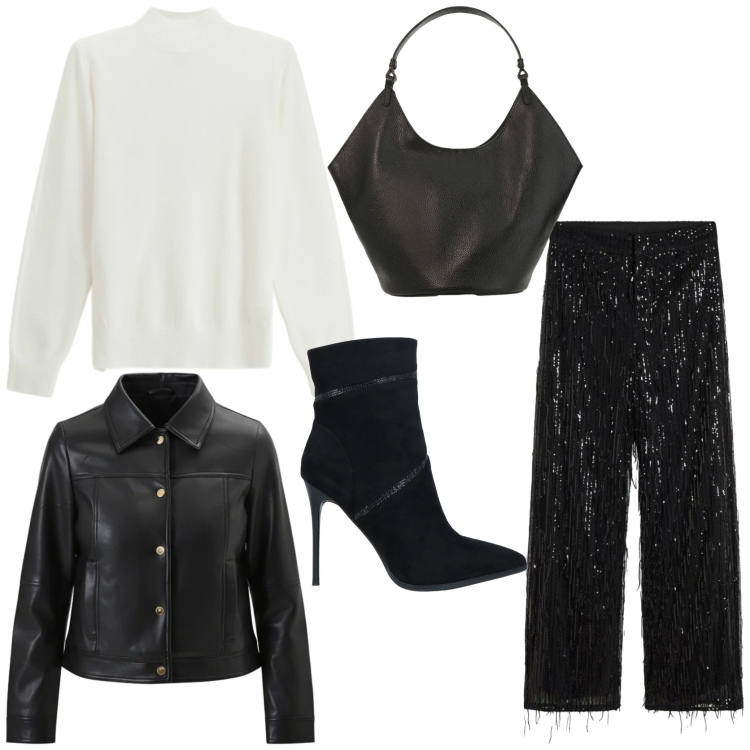 Outfit donna - Cena della vigilia. Stile Glamour per Serata fuori. Abbinamento con pantaloni, stivaletti, giacche, maglieria, borse a spalla.