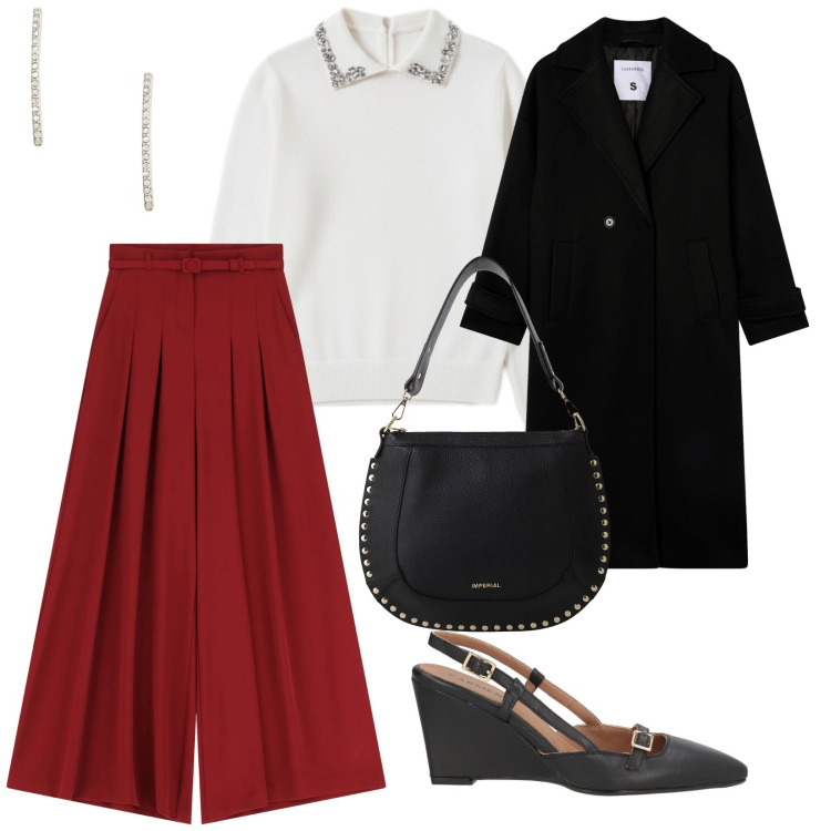 Outfit donna - Natale. per Serata fuori. Abbinamento con décolleté, pullovers, cappotti, pantaloni a palazzo, borse a spalla, orecchini.