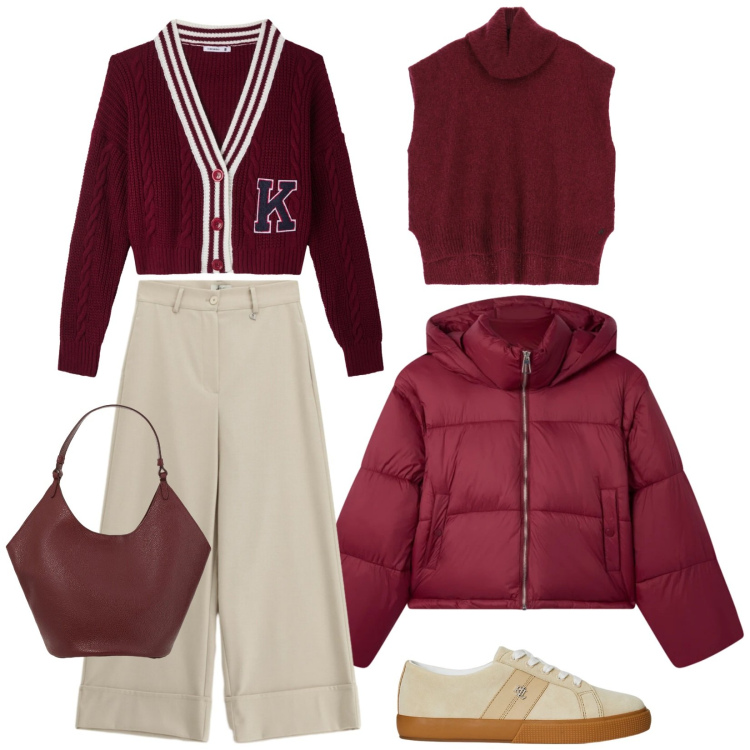 Outfit donna - Total look #2308751. Stile Sporty chic per Tutti i giorni. Abbinamento con bomber, cardigans, maglieria, borse a spalla, pantaloni a palazzo, sneakers.