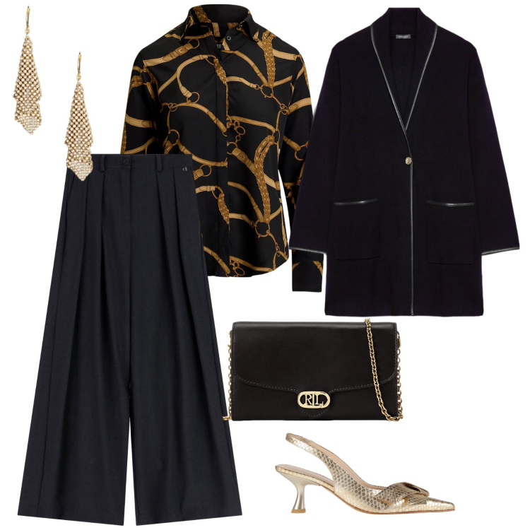 Outfit donna - A casa di amici. per Serata fuori. Abbinamento con décolleté, pantaloni a palazzo, borse a tracolla, camicie, orecchini, cardigans.