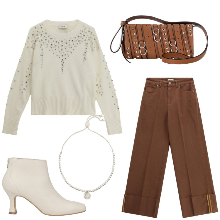 Outfit donna - Un anno nuovo. Stile Casual chic per Tutti i giorni. Abbinamento con stivaletti, borse a spalla, pantaloni a palazzo, maglieria, braccialetti.