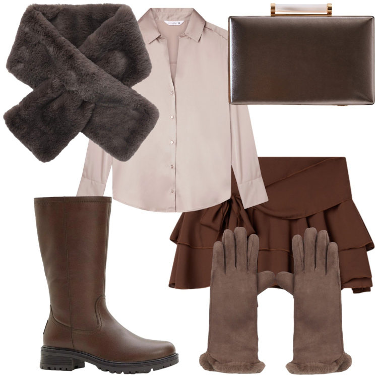 Outfit donna - Sera di Natale. Stile Glamour per Serata fuori. Abbinamento con stivali, clutch, camicie, sciarpe, guanti, minigonne.