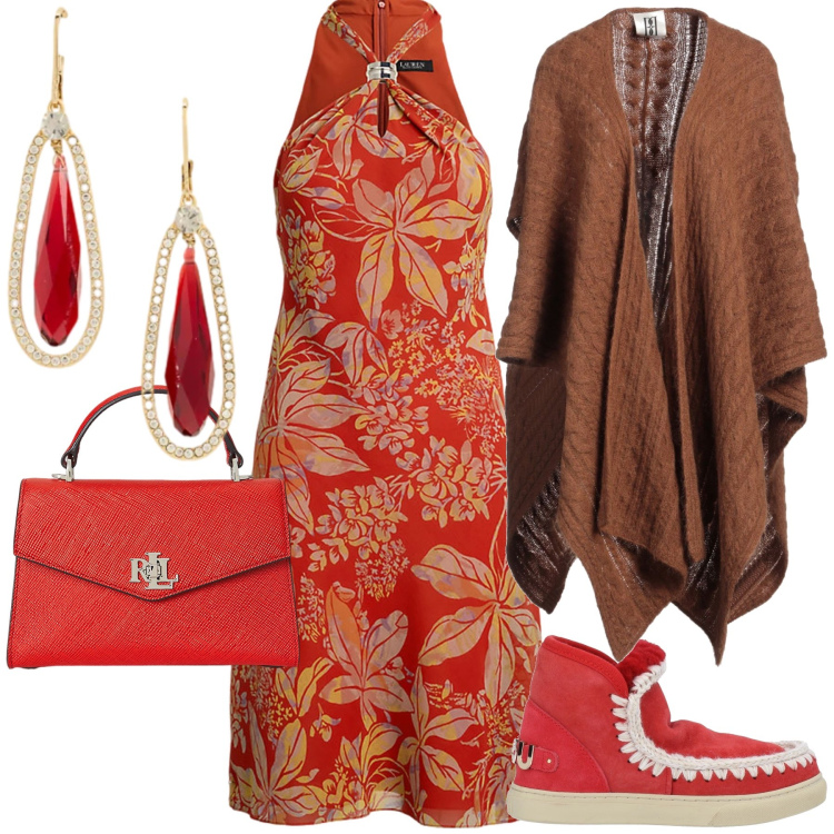 Outfit donna - Total look. Stile Trendy per Cerimonia. Abbinamento con cappe, stivaletti, vestiti, borse a mano, orecchini.