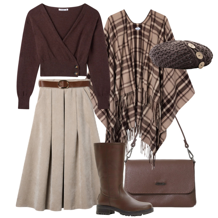 Outfit donna - Nuovo look quotidiano. Stile Casual chic per Tutti i giorni. Abbinamento con berretti, stivali, gonne lunghe, cardigans, cappotti, borse a tracolla.