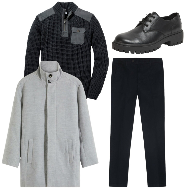 Outfit uomo - Total look. Stile Trendy per Tutti i giorni. Abbinamento con maglieria, cappotti, scarpe stringate, pantaloni.