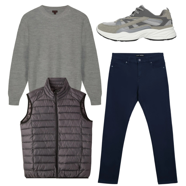 Outfit uomo - Total look. Stile Casual per Tutti i giorni. Abbinamento con sneakers, pantaloni skinny, piumini, maglieria.