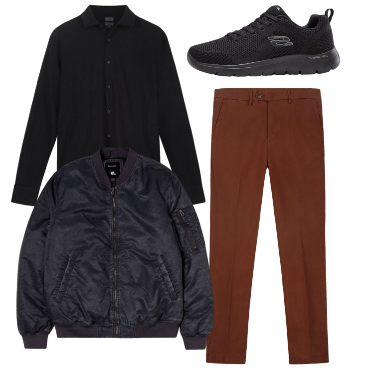 Outfit uomo - Total look. Stile Urban per Tutti i giorni. Abbinamento con sneakers, bomber, pantaloni chino, polo.