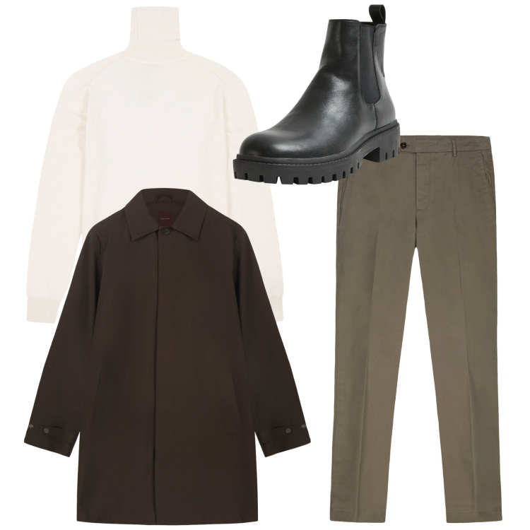 Outfit uomo - Total look. Stile Casual per Tutti i giorni. Abbinamento con stivali e stivaletti, trench, pantaloni chino, maglieria.