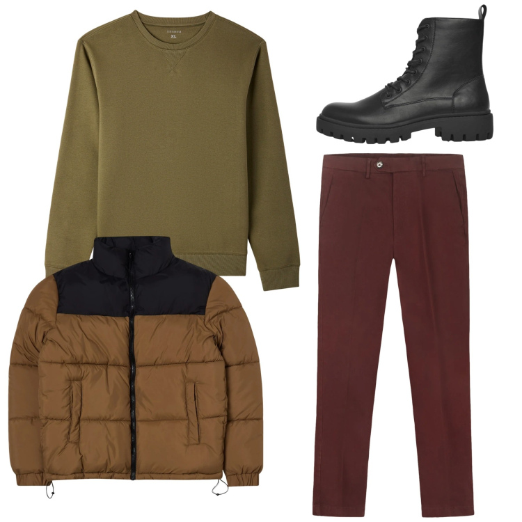Outfit uomo - Total look. Stile Urban per Tutti i giorni. Abbinamento con bomber, anfibi, felpe, pantaloni chino.