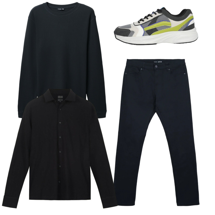 Outfit uomo - Total look. Stile Urban per Tutti i giorni. Abbinamento con pantaloni skinny, maglieria, sneakers, polo.