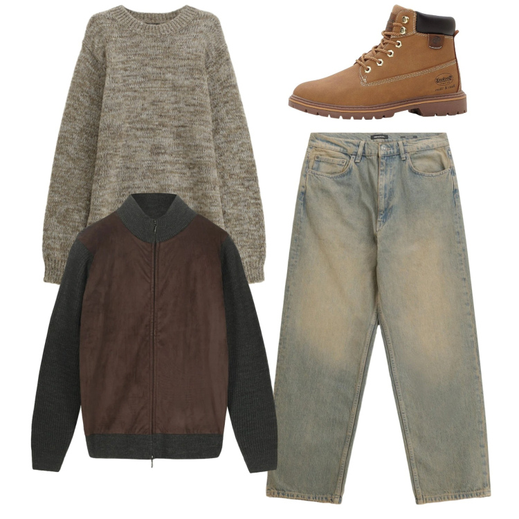 Outfit uomo - Total look. Stile Casual per Tutti i giorni. Abbinamento con stivali e stivaletti, jeans, maglieria, giacche.