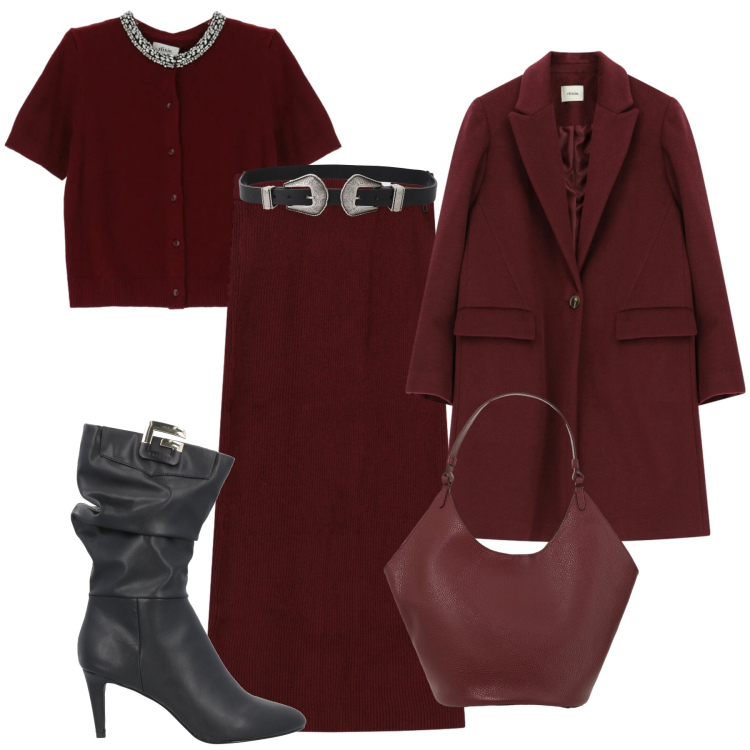 Outfit donna - Total look bordeaux. Stile Glamour per Tutti i giorni. Abbinamento con stivali, gonne lunghe, cinture, borse a spalla, cappotti, cardigans.