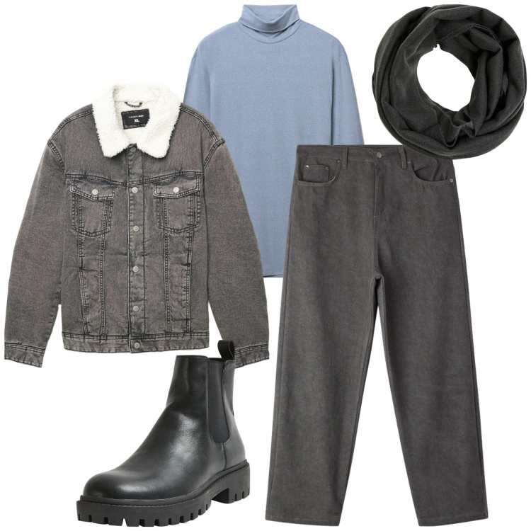 Outfit uomo - Total look #2308796. Stile Urban per Tutti i giorni. Abbinamento con sciarpe, t-shirt, cappotti, stivali e stivaletti, pantaloni.