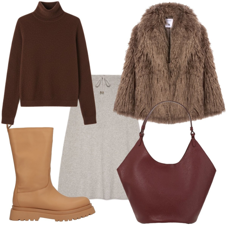 Outfit donna - Calda e morbida. Stile Casual per Tutti i giorni. Abbinamento con stivali, pullovers, ecopellicce, borse a spalla, gonne longuette.