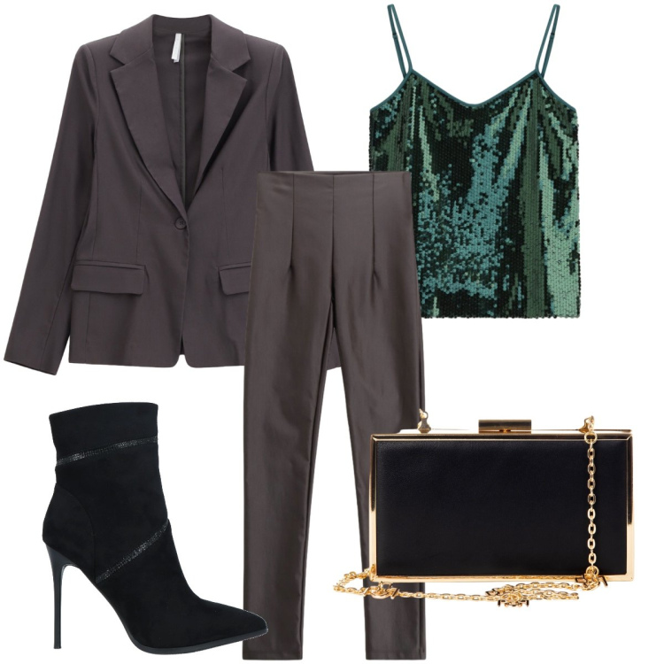 Outfit donna - Serata al top. Stile Trendy per Serata fuori. Abbinamento con stivaletti, pantaloni, top, pochette, blazer.