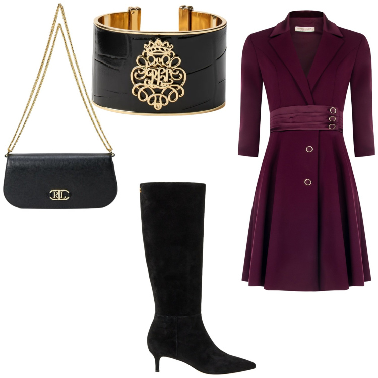 Outfit donna - Pranzo di Natale. Stile Chic per Serata fuori. Abbinamento con vestiti midi/longuette, stivali, braccialetti, borse a spalla.