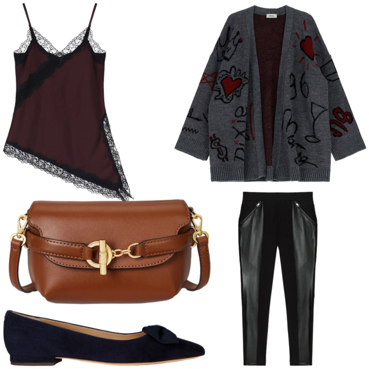 Outfit donna - Comoda il 25 Dicembre. Stile Chic per Tutti i giorni. Abbinamento con canottiere, cardigans, ballerine, borse a tracolla, leggings.