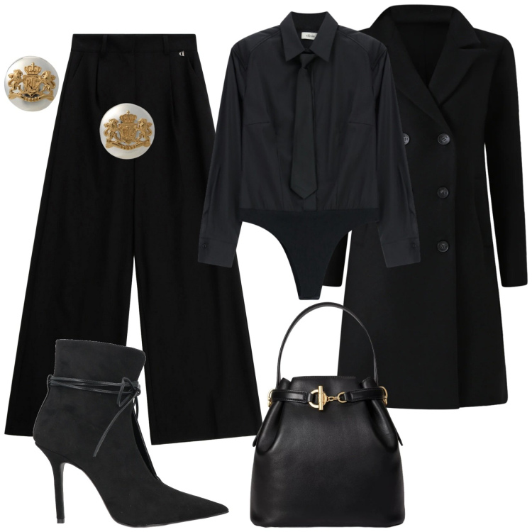 Outfit donna - Body o camicia. Stile Chic per Serata fuori. Abbinamento con stivaletti, cappotti, pantaloni a palazzo, camicie, orecchini, borse a secchiello.