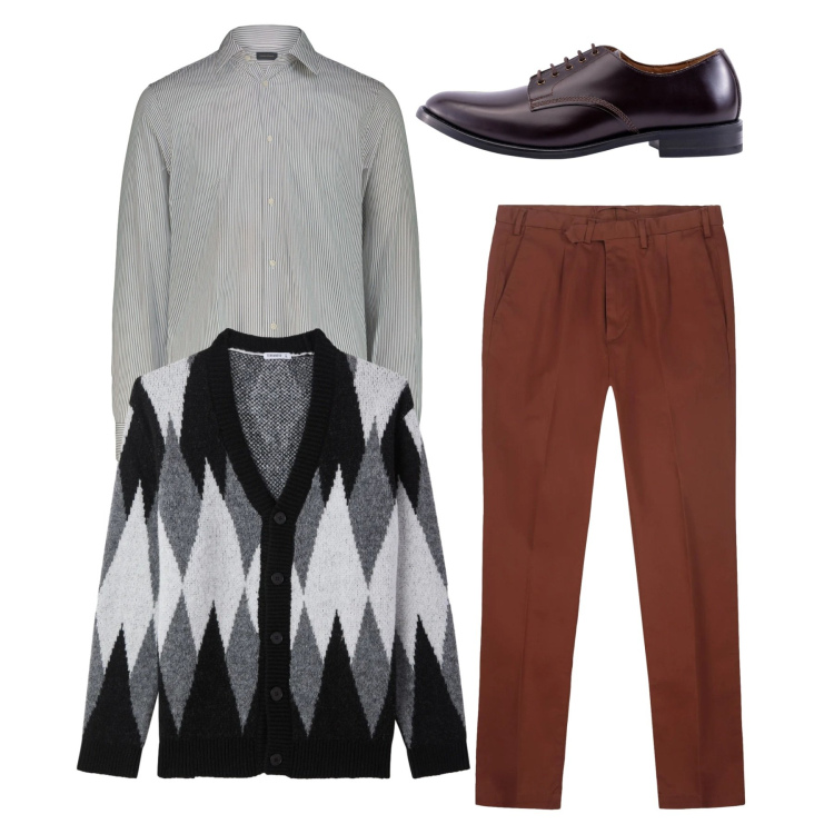 Outfit uomo - Cardigan a rombi. Stile Casual per Tutti i giorni. Abbinamento con cardigans, scarpe stringate, pantaloni, camicie.