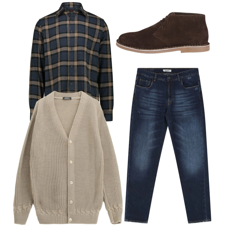 Outfit uomo - Il ritorno del cardigan maschile. Stile Casual per Tutti i giorni. Abbinamento con jeans dritti, cardigans, stivali e stivaletti, camicie.