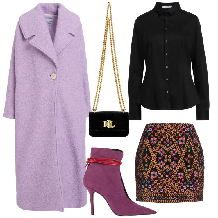 Outfit donna - Lillà. Stile Glamour per Serata fuori. Abbinamento con stivaletti, cappotti, minigonne, camicie, pochette.