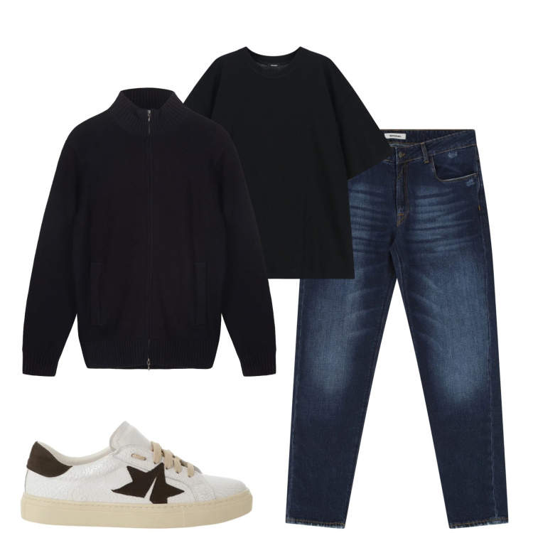 Outfit uomo - Dicembre. Stile Casual per Tutti i giorni. Abbinamento con jeans dritti, t-shirt, sneakers, cardigans.
