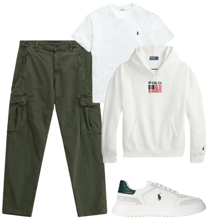 Outfit uomo - Total look #2308854. Stile Casual per Tutti i giorni. Abbinamento con pantaloni cargo, felpe con cappuccio, t-shirt, sneakers.