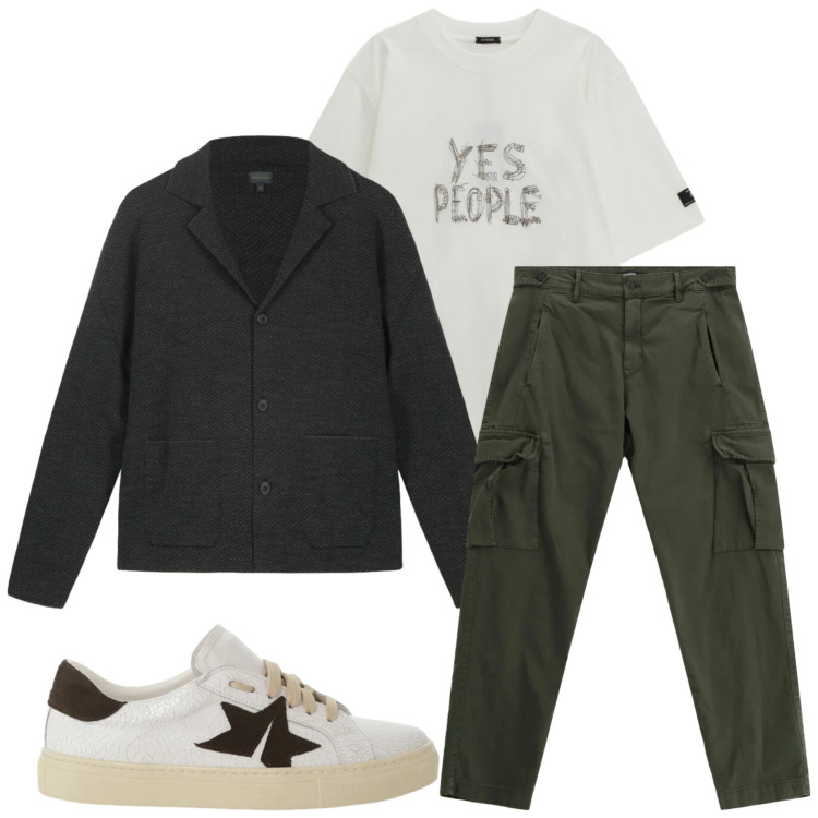 Outfit uomo - Yes People. Stile Casual per Tutti i giorni. Abbinamento con pantaloni cargo, t-shirt, sneakers, cardigans.