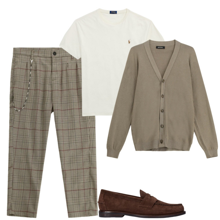 Outfit uomo - City. Stile Urban per Tutti i giorni. Abbinamento con cardigans, pantaloni, scarpe stringate, t-shirt.