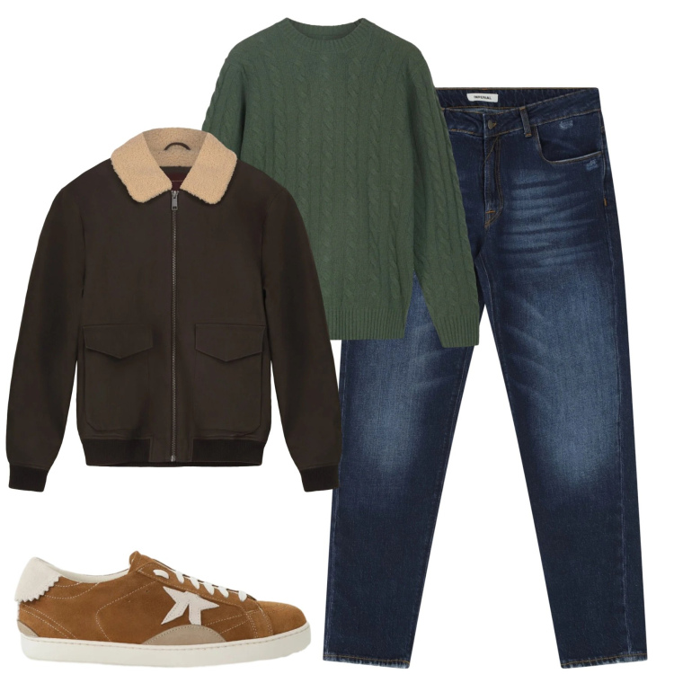Outfit uomo - Dicembre. Stile Casual per Tutti i giorni. Abbinamento con jeans dritti, sneakers, bomber, maglieria.