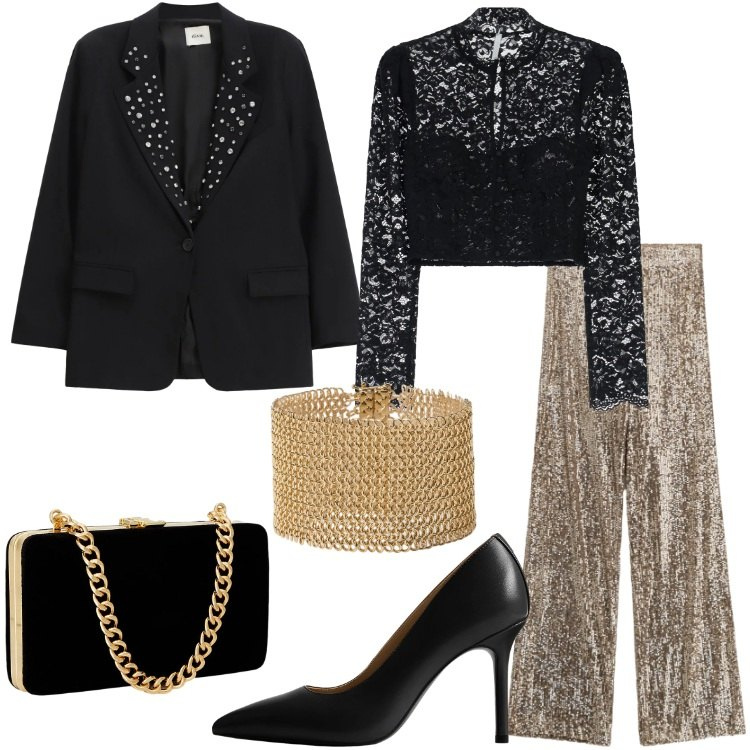 Outfit donna - Eleganza al cenone. Stile Glamour per Serata fuori. Abbinamento con bluse, blazer, pantaloni a palazzo, clutch, décolleté, braccialetti.